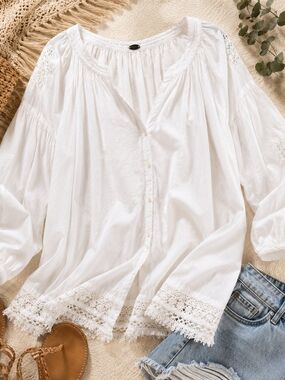 Cupio White Boho Lace Trim Peasant Blouse XL